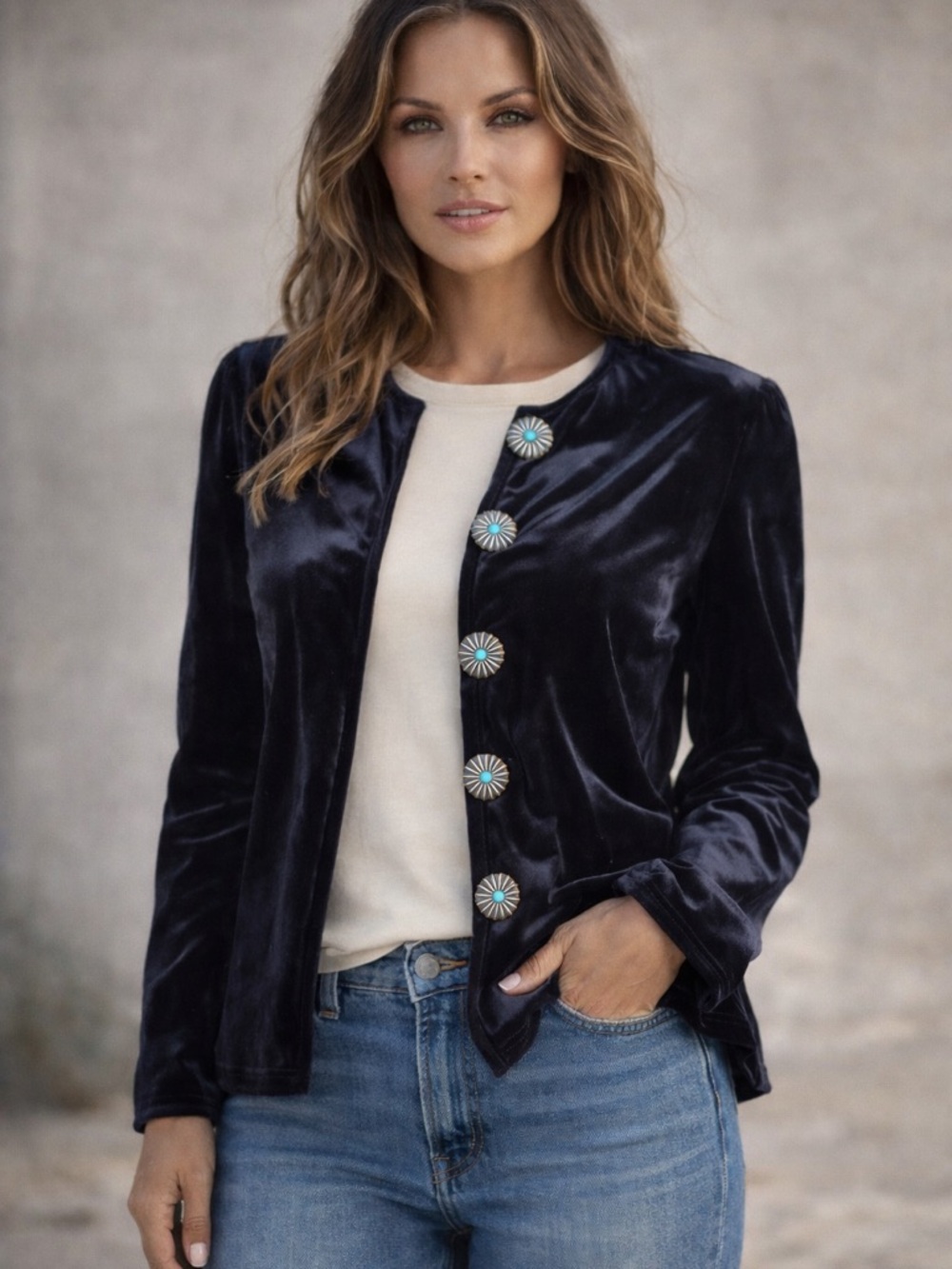 Double D Ranch velvet jacket with gorgeous, turquoise, and silver buttons